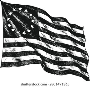 Distressed historical American flag rendered in a bold monochrome sketch style. Ideal for patriotic designs and historical narratives.