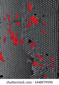 Distressed honeycomb vector illustration. Black, gray, red pattern. Grunge, dirty, distorted beehive texture.