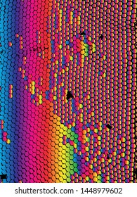 Distressed honeycomb vector illustration. Bright spectrum rainbow pattern. Grunge, dirty, distorted beehive texture.