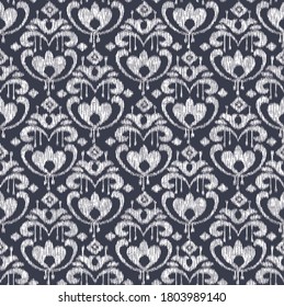 Distressed ikat medieval damask pattern seamless vector background tiles.