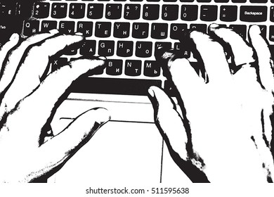 Distressed Keyboard with man hands overlay texture. Empty Grunge Template. EPS10 vector.