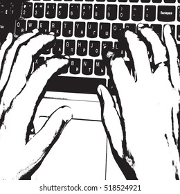 Distressed Keyboard with man hands overlay texture. Empty Grunge Template. EPS10 vector.