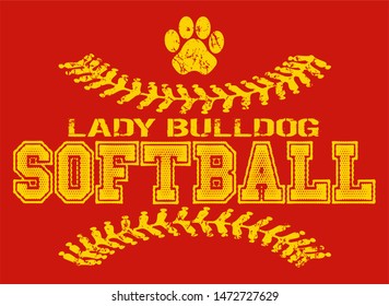 distressed lady bulldog softball team design with paw print for school, college or league