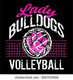 distressed lady bulldogs volleyball team design with paw print and net for school, college or league