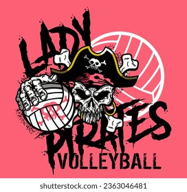 distressed lady pirates volleyball team design with mascot skull for school, college or league sports
