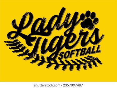 distressed lady tigers softball team design with stitches and paw print for school, college or league sports