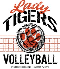 distressed lady tigers volleyball team design with paw print and net for school, college or league sports