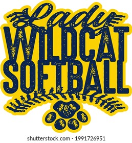 distressed lady wildcat softball team design with stitches and paw print for school, college or league