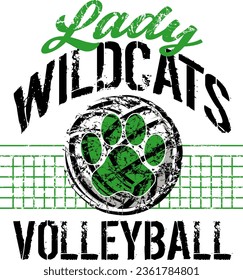 distressed lady wildcats volleyball design with paw print and net for school, college or league sports