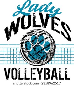 distressed lady wolves volleyball team design with paw print and net for school, college or league sports