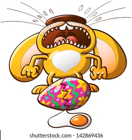 Distressed little bunny crying desperately after noticing that his beautifully decorated Easter egg has suddenly got broken