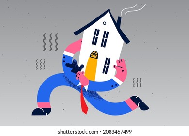 Distressed man carry house on back tightened by credit or bank loan burden. Unhappy male hold home tied by financial mortgage, need pay taxes expenses. Lease, finance concept. Vector illustration. 