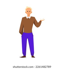 Distressed man holds a tuft of fallen hair on his hand. Problem of early baldness and hair loss in men, flat vector illustration isolated on white background.