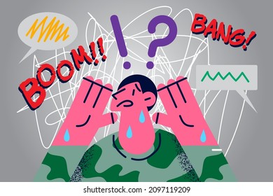 Distressed man in military uniform stressed suffer from post-traumatic stress disorder. Unhappy crying male soldier struggle with depression or anxiety after war. Mental problem. Vector illustration. 