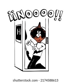 Distressed man shouting with his face red inside a telephone booth. Funny cartoon style vector illustration.
