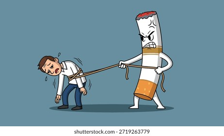 Hombre angustiado atado y tirado por un cigarrillo de dibujos animados Grande y enojado, que simboliza la lucha contra la adicción al tabaco y sus efectos dañinos.