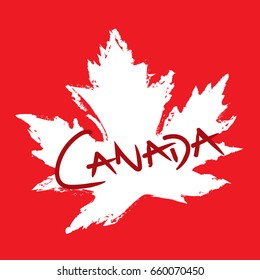 A distressed maple leaf in vector format on a red background. In the foreground there is custom hand drawn type that says Canada.