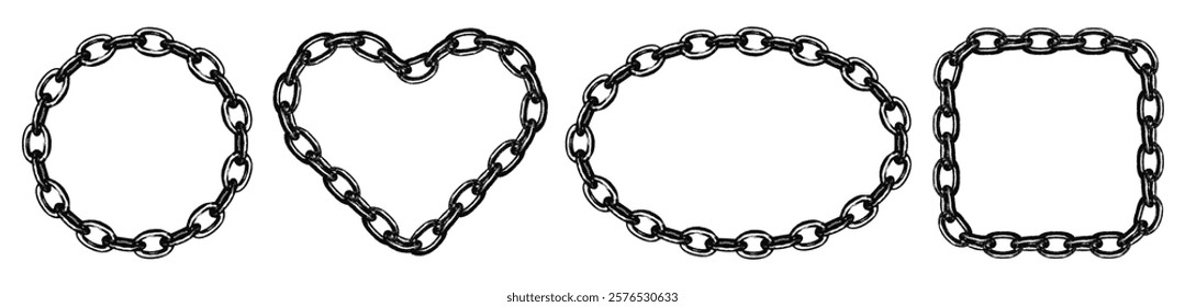 Distressed metal chain frames set with retro photocopy effect. Black monochrome borders with grainy stippling texture. Trendy design with grunge messy elements for y2k collage. Vector illustration