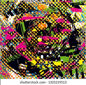 Distressed multicolor background with spots, scratches and lines. Abstract vector illustration