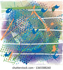 Distressed multicolor background with spots, scratches and nets. Abstract vector illustration