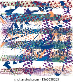Distressed multicolor background with spots, scratches and nets. Abstract vector illustration