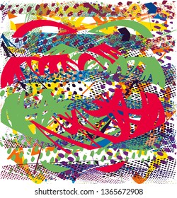 Distressed multicolor background with spots, scratches and nets. Abstract vector illustration