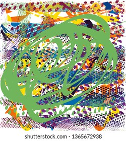Distressed multicolor background with spots, scratches and nets. Abstract vector illustration