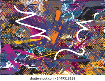 Distressed multicolor background with spots, scratches and lines. Abstract vector illustration