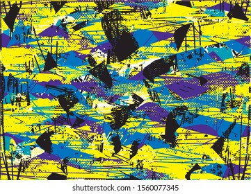 Distressed multicolor background with spots, scratches and lines. Abstract illustration.