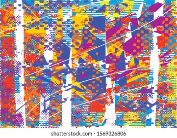 Distressed multicolor background with spots, scratches and lines. Abstract vector illustration.