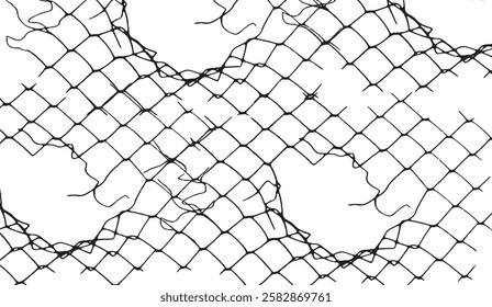 Distressed netting pattern with frayed edges against a clean white backdrop offers a sense of fragility or constraint in illustrative detail