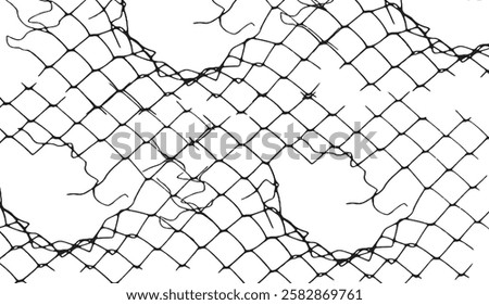 Distressed netting pattern with frayed edges against a clean white backdrop offers a sense of fragility or constraint in illustrative detail