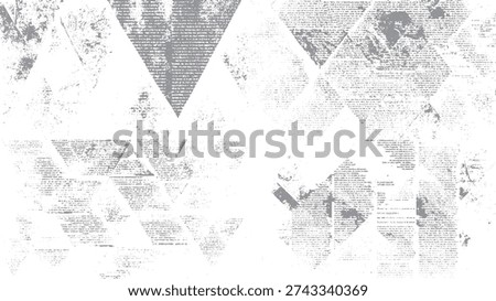 Distressed newspaper texture with abstract grey geometric shapes and scattered dots