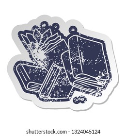 distressed old cartoon sticker of a collection of books
