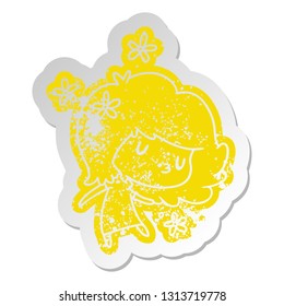 distressed old cartoon sticker of a cute kawaii girl