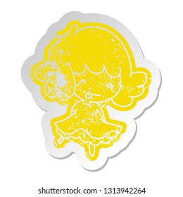 distressed old cartoon sticker of a cute kawaii girl