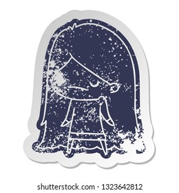 distressed old cartoon sticker of a cute kawaii girl