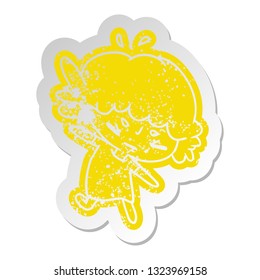 distressed old cartoon sticker of a cute kawaii girl
