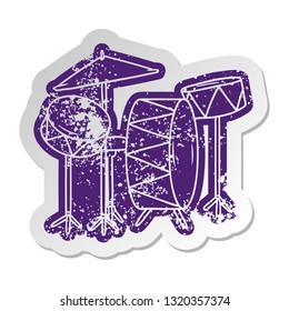 distressed old cartoon sticker of a drum kit