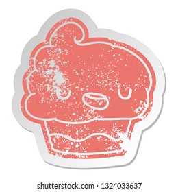 distressed old cartoon sticker kawaii of a cute cupcake