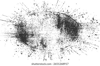 A distressed oval shape with radiating splatters and horizontal lines on a white background.