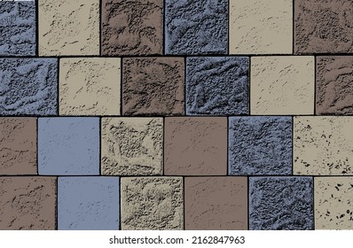 Textura superpuesta angustiada de azulejos azules, beige, cerámica marrón, mosaico, piedras de pavimento con adorno. fondo grueso. ilustración abstracta de medio tono vectorial.