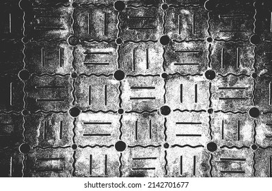Textura superpuesta angustiada de azulejos de cerámica, mosaico, piedras pavimentadas con adorno. fondo grueso. ilustración abstracta de medio tono vectorial.