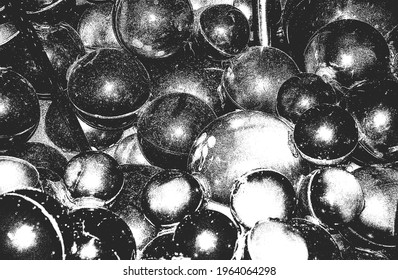 Distressed overlay texture of closeup glossy plastic, metalic spheres, balls. grunge background. abstract halftone vector illustration