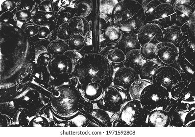 Distressed overlay texture of closeup glossy plastic, metalic spheres, balls. grunge background. abstract halftone vector illustration