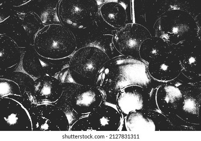 Distressed overlay texture of closeup glossy plastic, metalic spheres, balls. grunge background. abstract halftone vector illustration