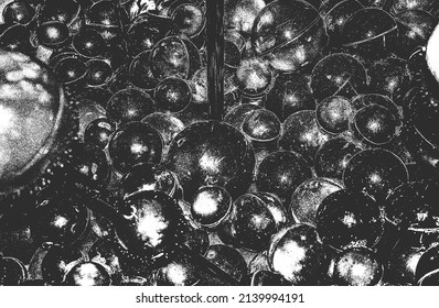 Distressed overlay texture of closeup glossy plastic, metalic spheres, balls. grunge background. abstract halftone vector illustration