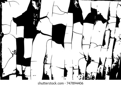 Distressed overlay texture of cracked concrete, stone or asphalt, cracks in the paint. Vintage black and white grunge texture. Cracked paint. Abstract halftone vector illustration