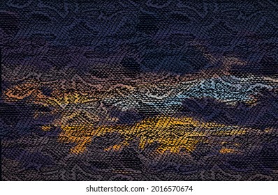 Distressed overlay texture of crocodile or snake skin leather, grunge blue, orange, golden background. abstract halftone vector illustration