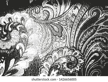 Distressed overlay texture of fabric. Textile with eastern floral ornament, leaves and flowers. grunge background. abstract halftone vector illustration.
